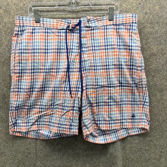 Brooks Brothers 346 Shorts Men Large Lined Orange Blue Swimwear Bottoms Check